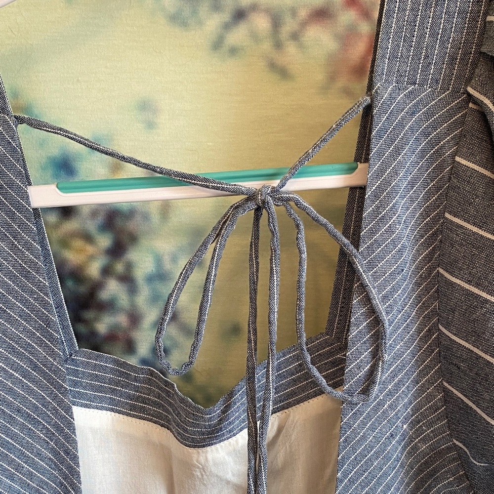 Free People blue and white Striped Mini Dress open back puff sleeves denim like - Picture 10 of 12